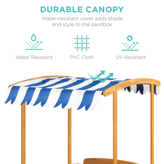Kids Wooden Cabana Sandbox w/ Benches Canopy Shade Sand Cover 2 Buckets