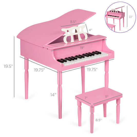 Kids Mini Wooden Grand Piano w/ Lid Bench Music Rack Song Book Stickers