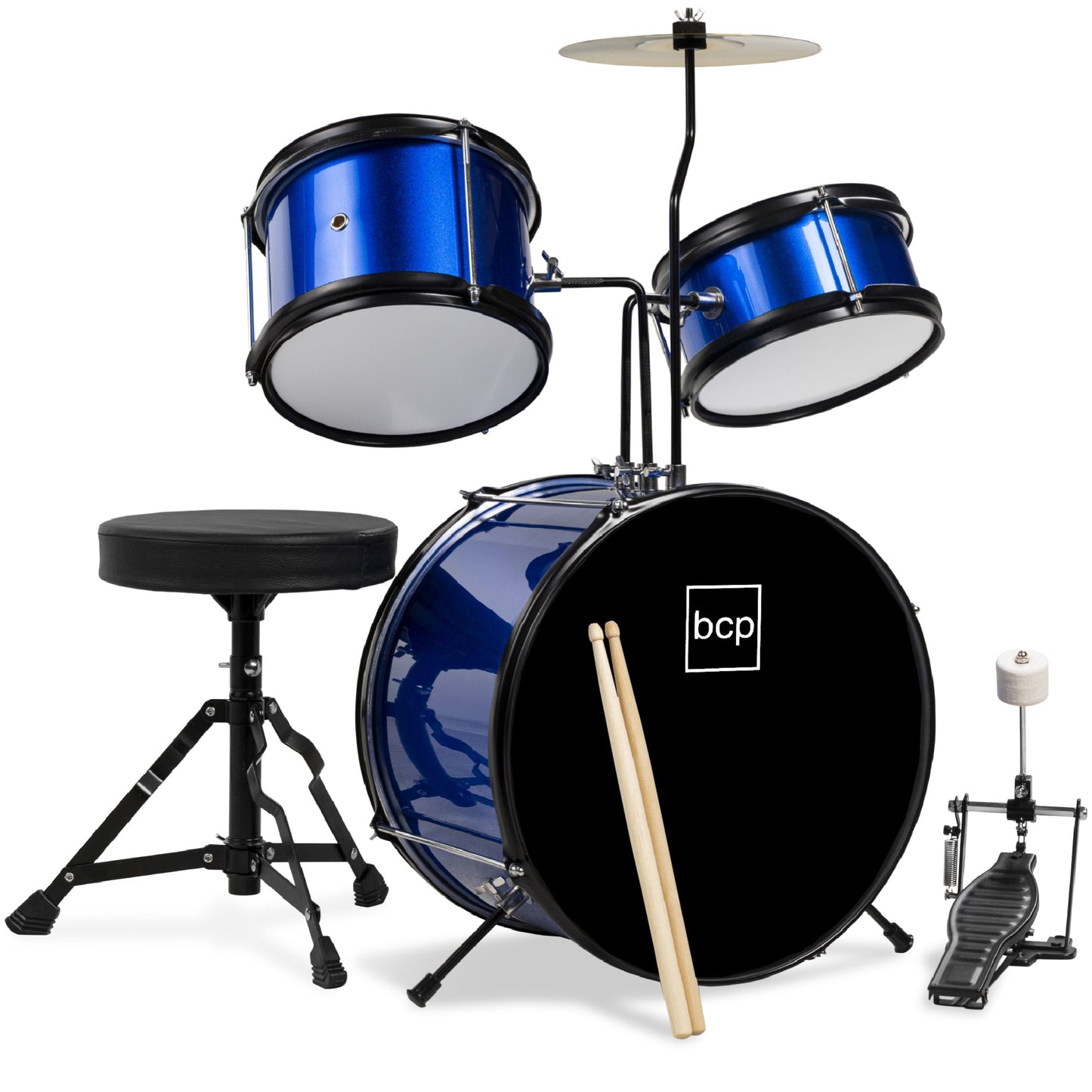 Kids Beginner 3-Piece Drum Musical Instrument Set w/ Sticks Stool Pedal