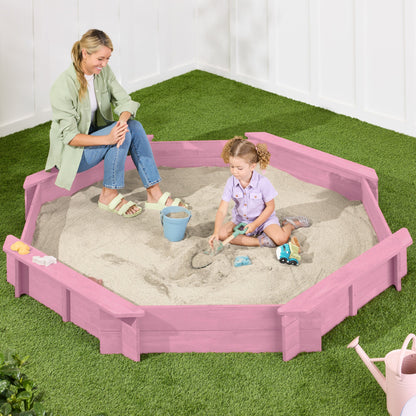 Kid's Wooden Octagonal Sandbox w/ Sand Cover 4 Reinforced Benches 8 Seats