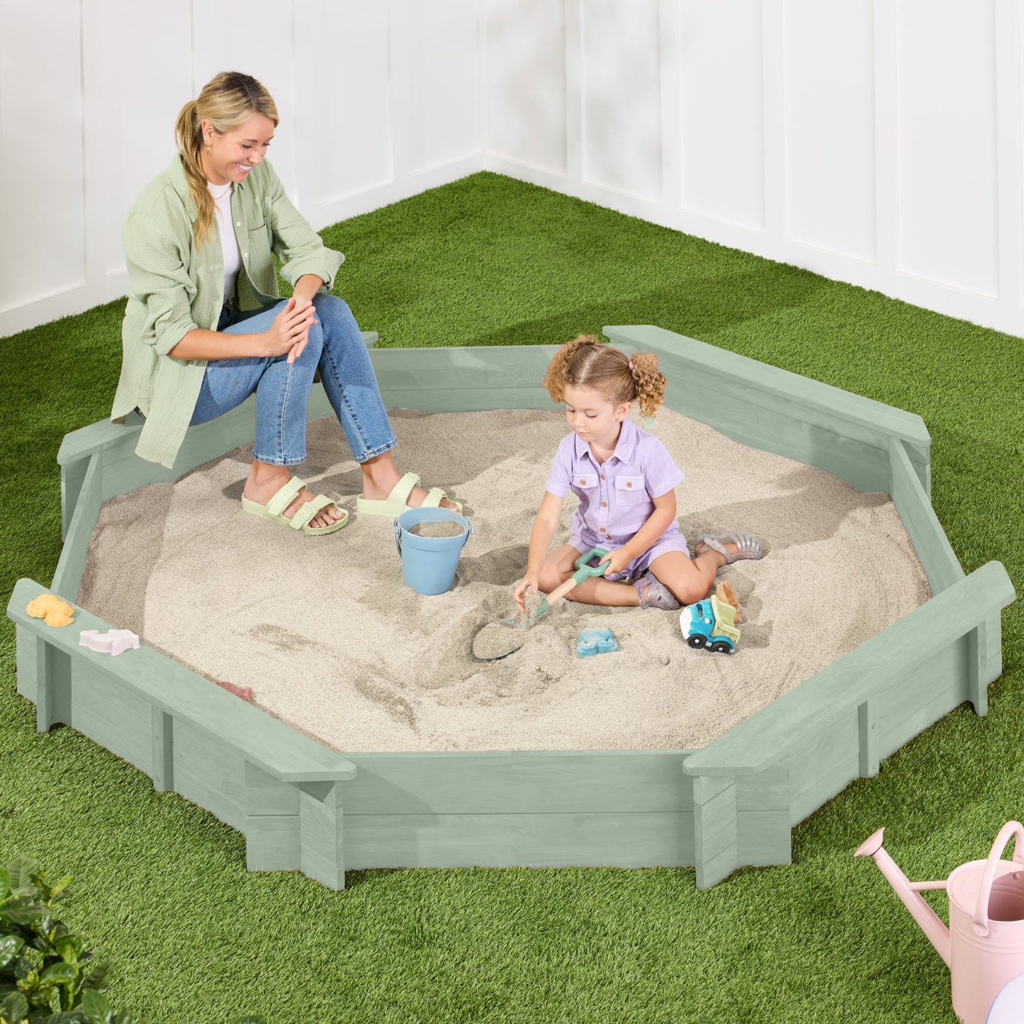 Kid's Wooden Octagonal Sandbox w/ Sand Cover 4 Reinforced Benches 8 Seats