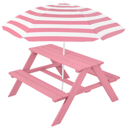 Kids Wooden Outdoor Picnic Table w/ Adjustable Umbrella Built-In Seats