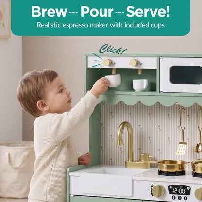 Kids Pretend Play Cottage Kitchen with 11 Accessories Espresso Machine