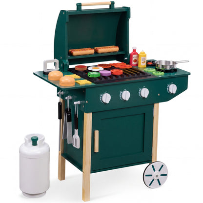 Kids Wooden BBQ Grill Playset Pretend Kitchen Toy w/ 28 Accessories