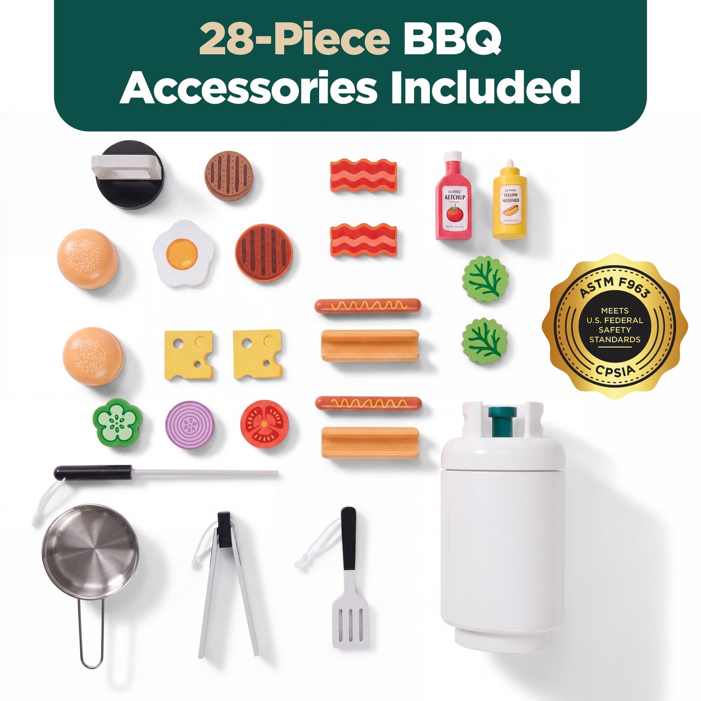 Kids Wooden BBQ Grill Playset Pretend Kitchen Toy w/ 28 Accessories