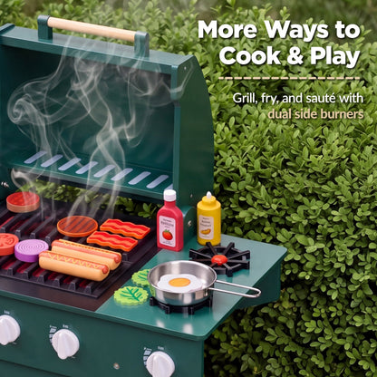 Kids Wooden BBQ Grill Playset Pretend Kitchen Toy w/ 28 Accessories
