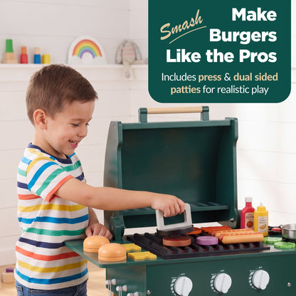 Kids Wooden BBQ Grill Playset Pretend Kitchen Toy w/ 28 Accessories