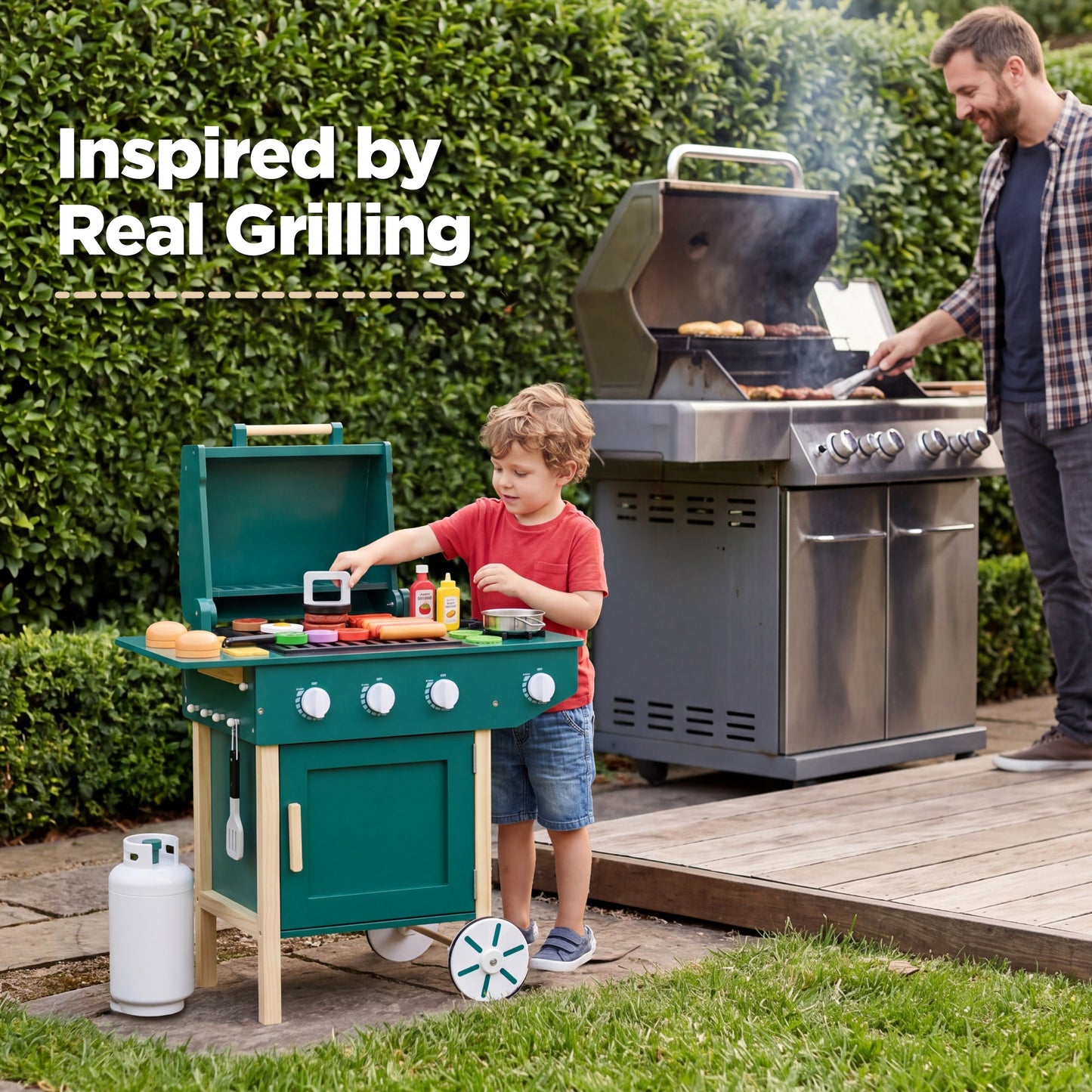 Kids Wooden BBQ Grill Playset Pretend Kitchen Toy w/ 28 Accessories