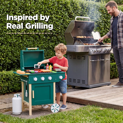 Kids Wooden BBQ Grill Playset Pretend Kitchen Toy w/ 28 Accessories