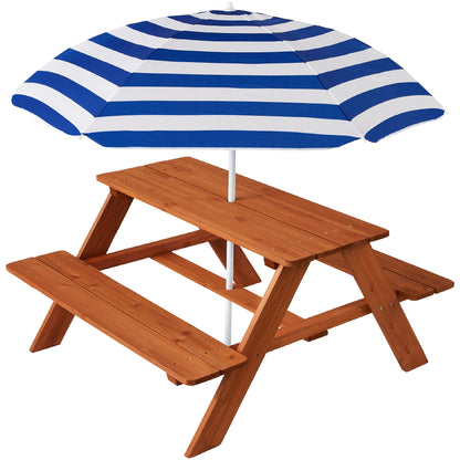 Kids Wooden Outdoor Picnic Table w/ Adjustable Umbrella Built-In Seats