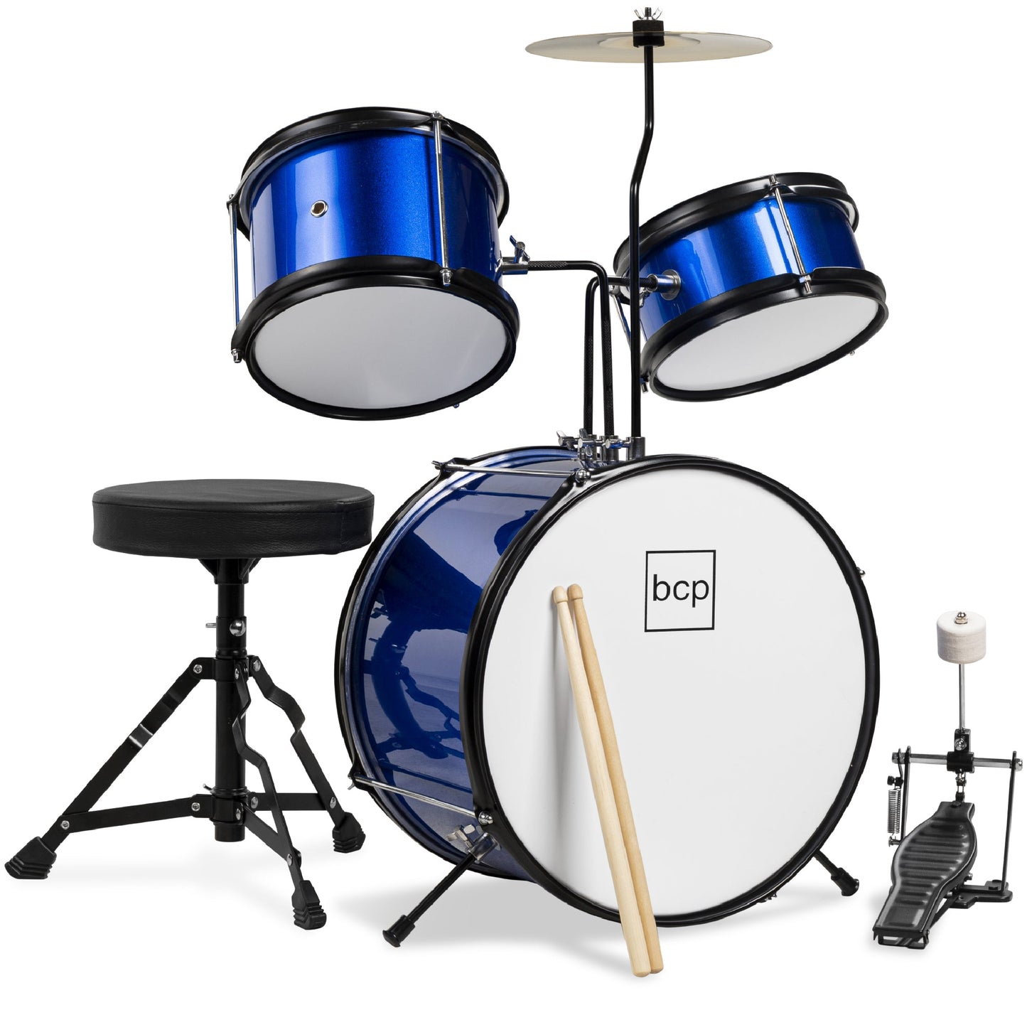 Kids Beginner 3-Piece Drum Musical Instrument Set w/ Sticks Stool Pedal
