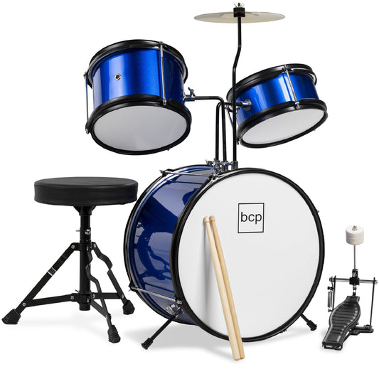 Kids Beginner 3-Piece Drum Musical Instrument Set w/ Sticks Stool Pedal