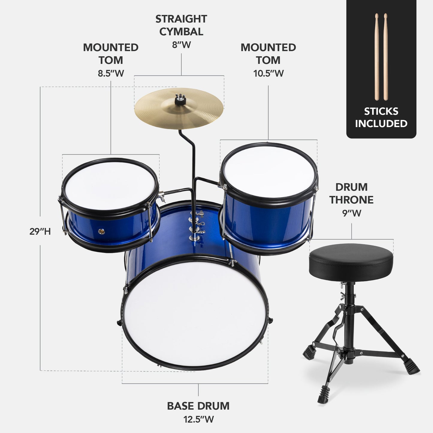 Kids Beginner 3-Piece Drum Musical Instrument Set w/ Sticks Stool Pedal