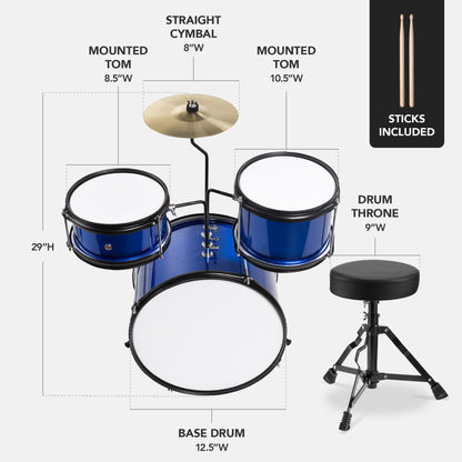 Kids Beginner 3-Piece Drum Musical Instrument Set w/ Sticks Stool Pedal