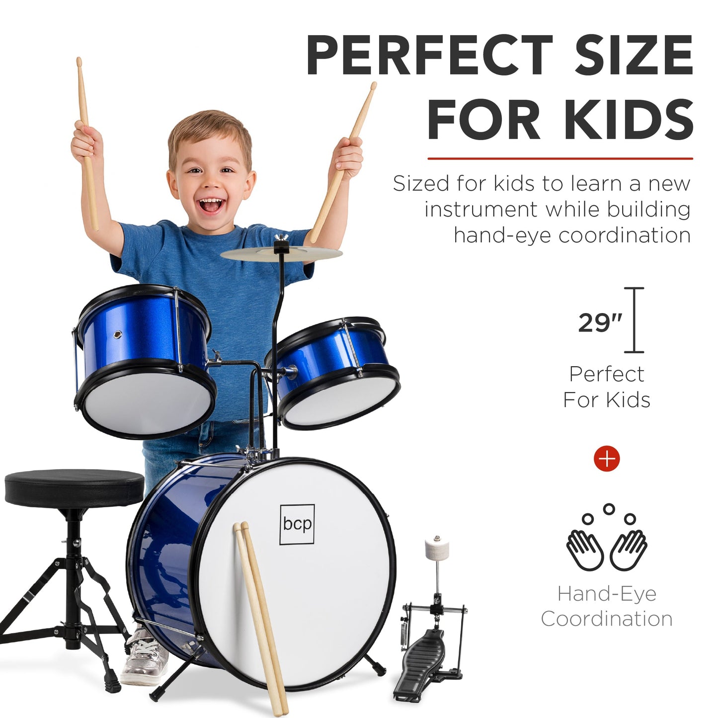 Kids Beginner 3-Piece Drum Musical Instrument Set w/ Sticks Stool Pedal