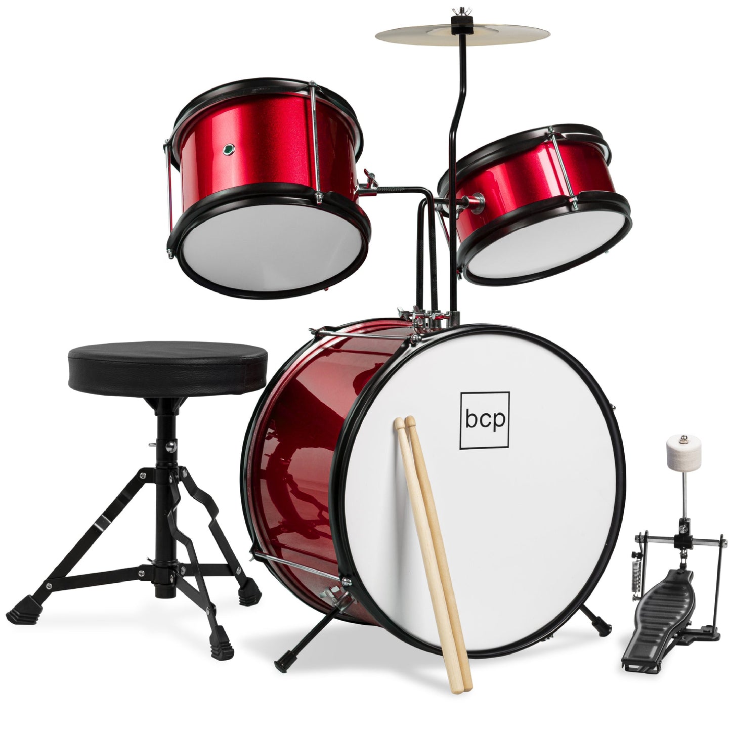 Kids Beginner 3-Piece Drum Musical Instrument Set w/ Sticks Stool Pedal