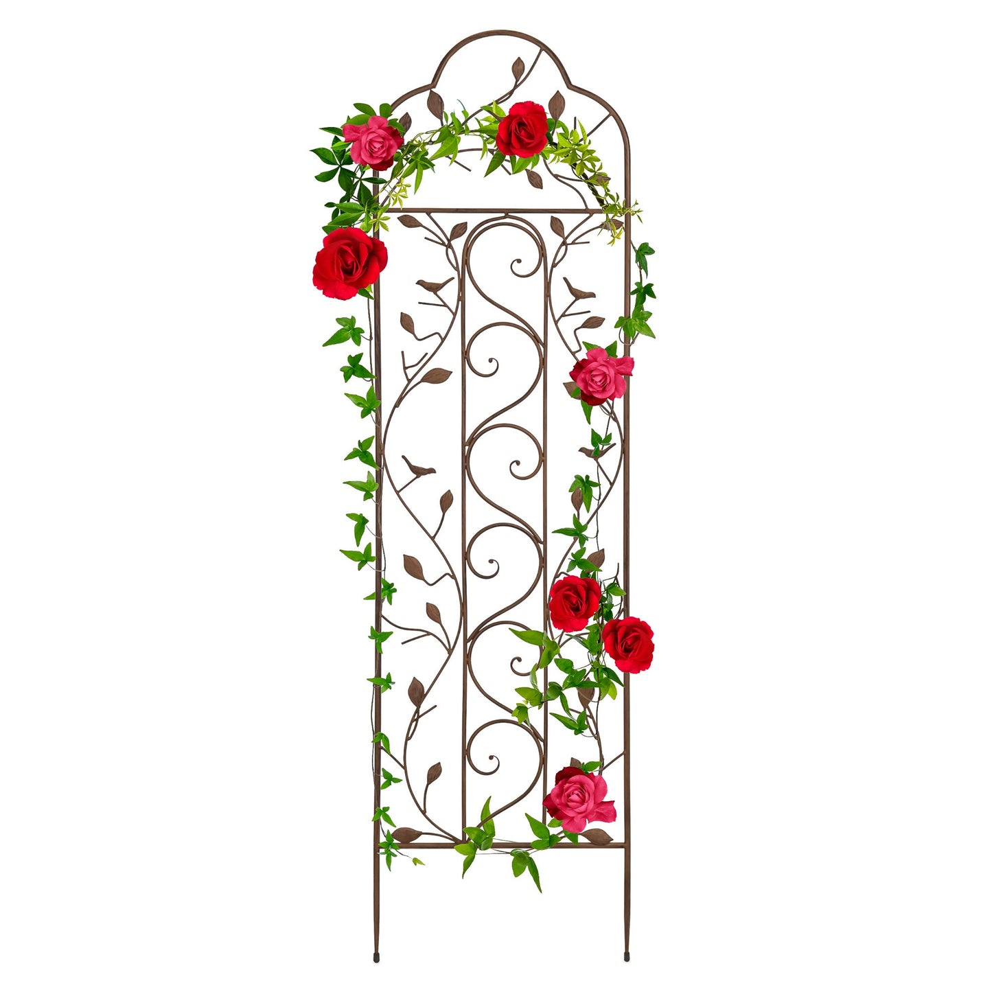 Iron Arched Garden Trellis Fence Panel w/ Branches Birds - 60x15in