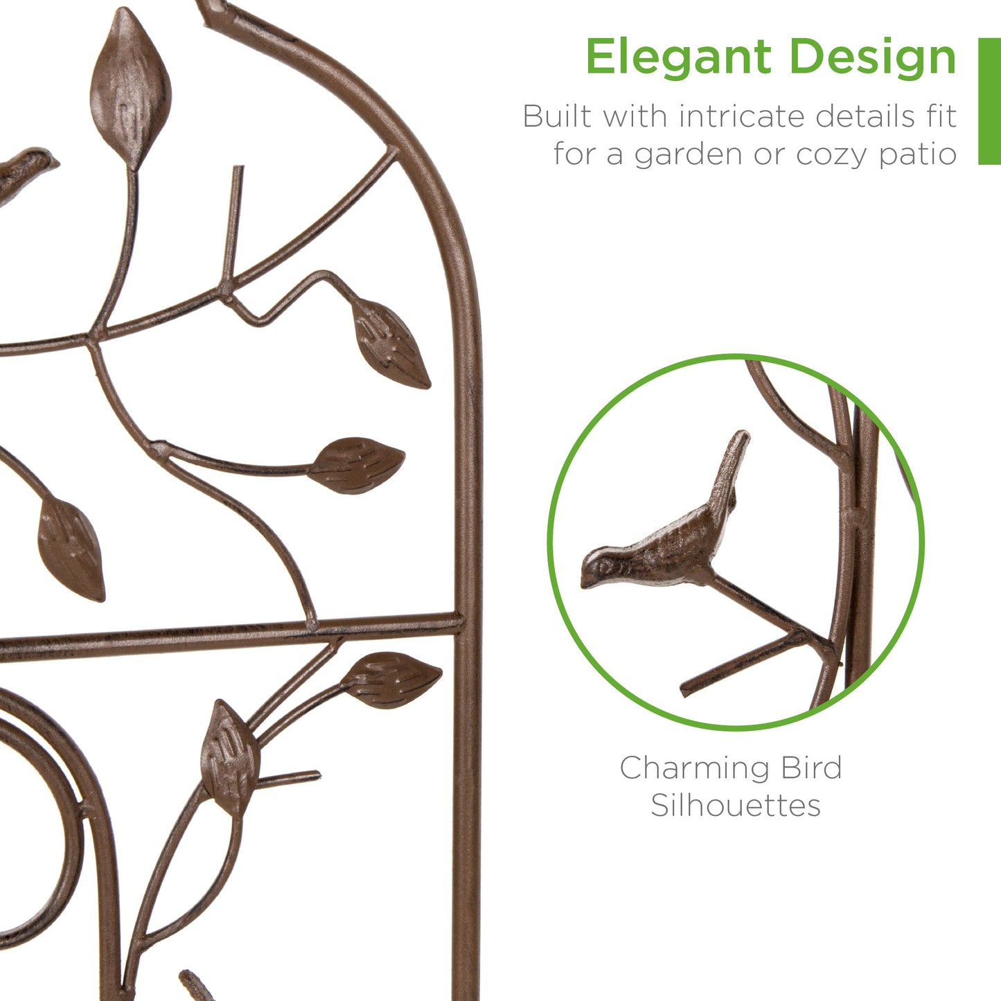 Iron Arched Garden Trellis Fence Panel w/ Branches Birds - 60x15in