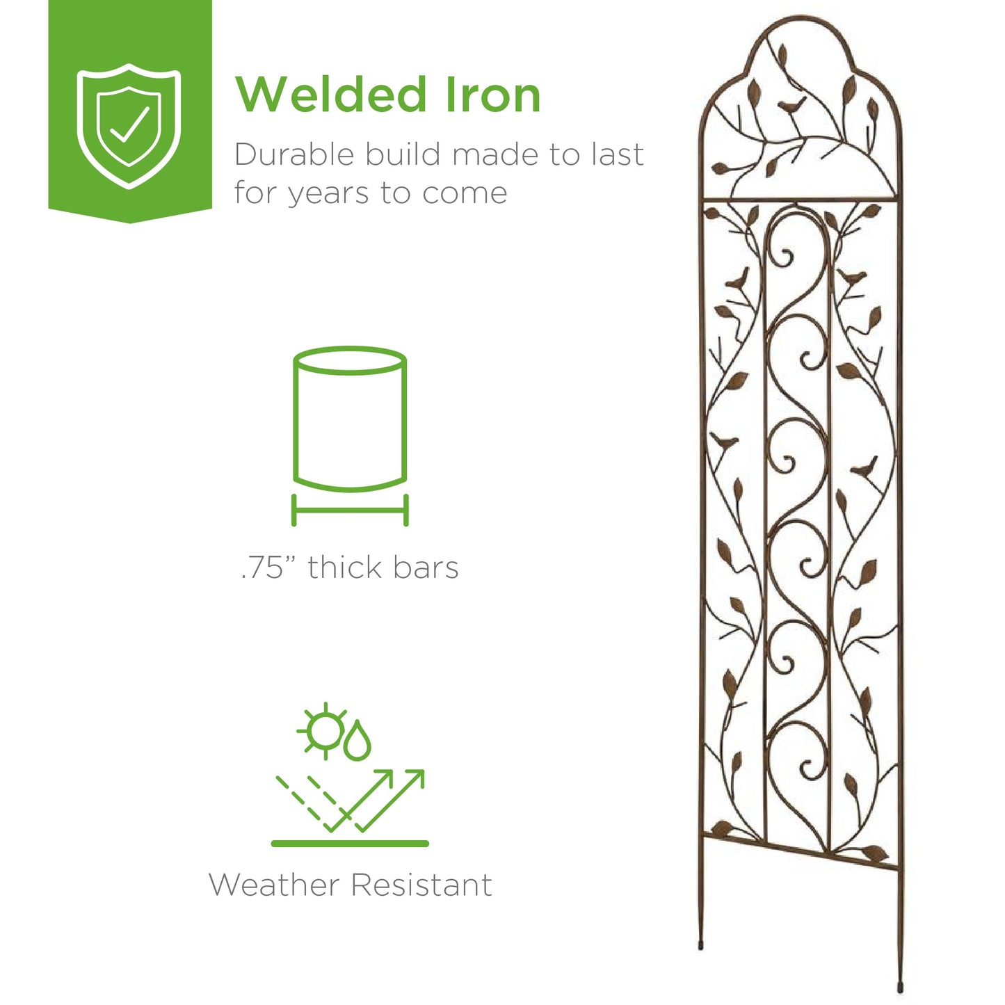 Iron Arched Garden Trellis Fence Panel w/ Branches Birds - 60x15in
