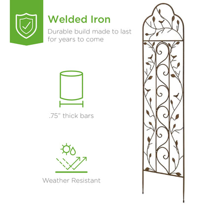 Iron Arched Garden Trellis Fence Panel w/ Branches Birds - 60x15in
