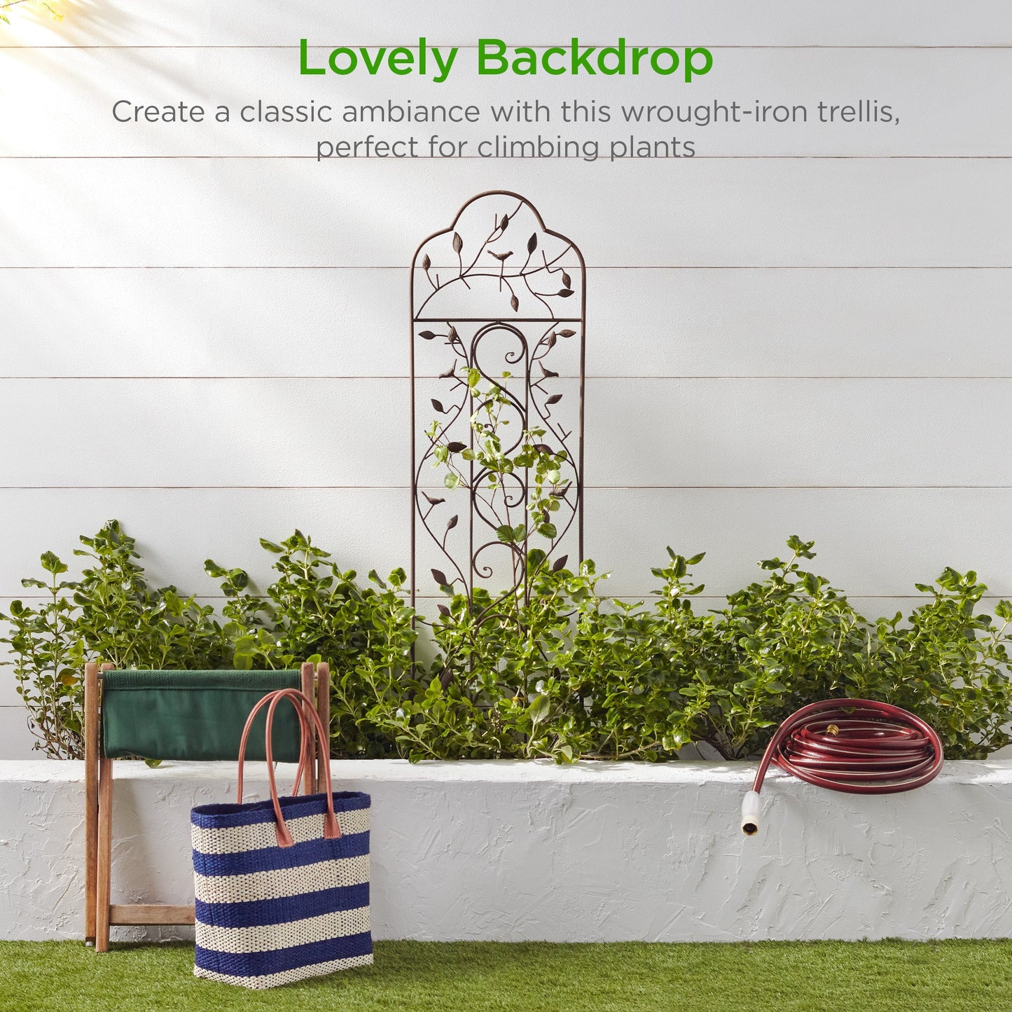 Iron Arched Garden Trellis Fence Panel w/ Branches Birds - 60x15in