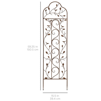Iron Arched Garden Trellis Fence Panel w/ Branches Birds - 60x15in