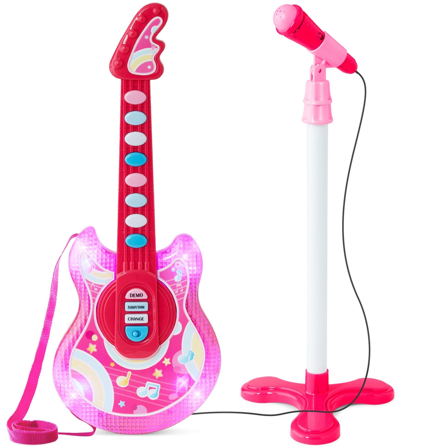Kids Pretend Play Guitar Musical Instrument Toy w/ Microphone Stand - 19in