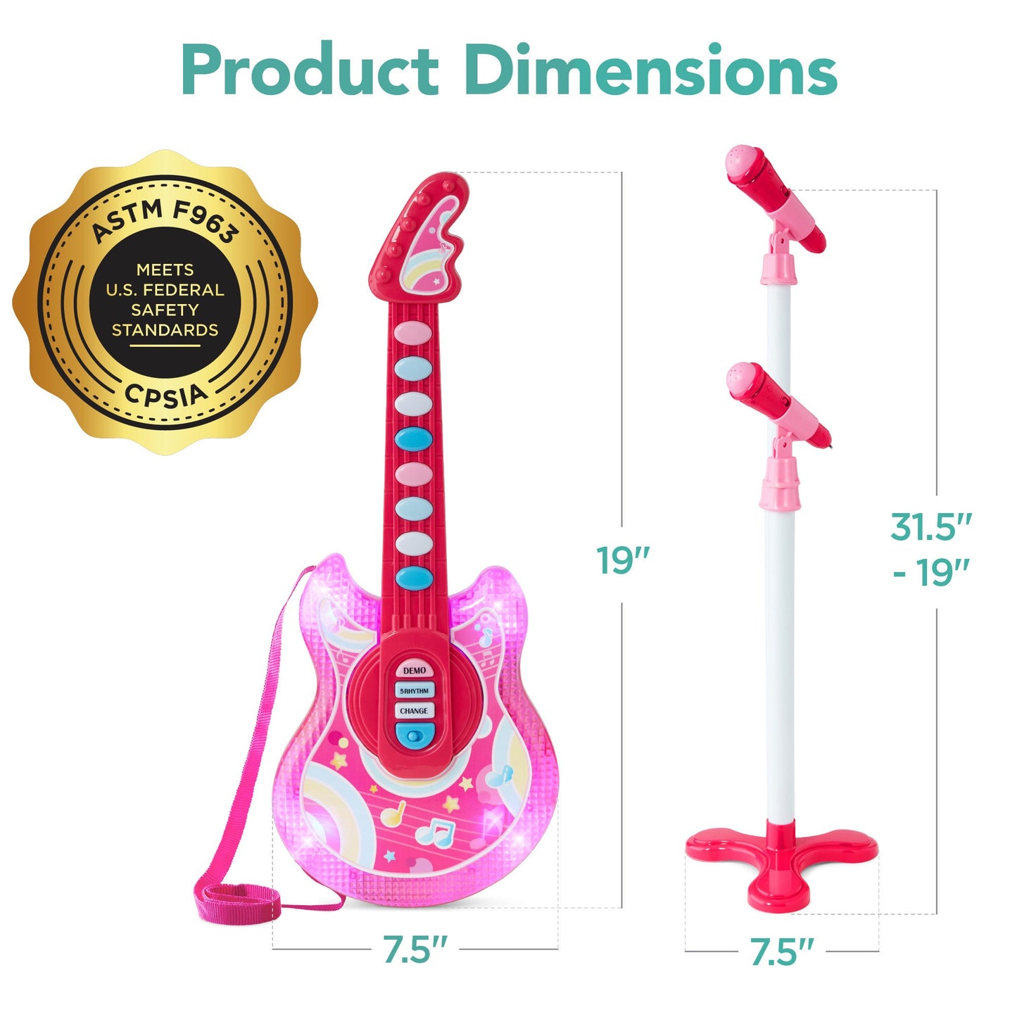 Kids Pretend Play Guitar Musical Instrument Toy w/ Microphone Stand - 19in