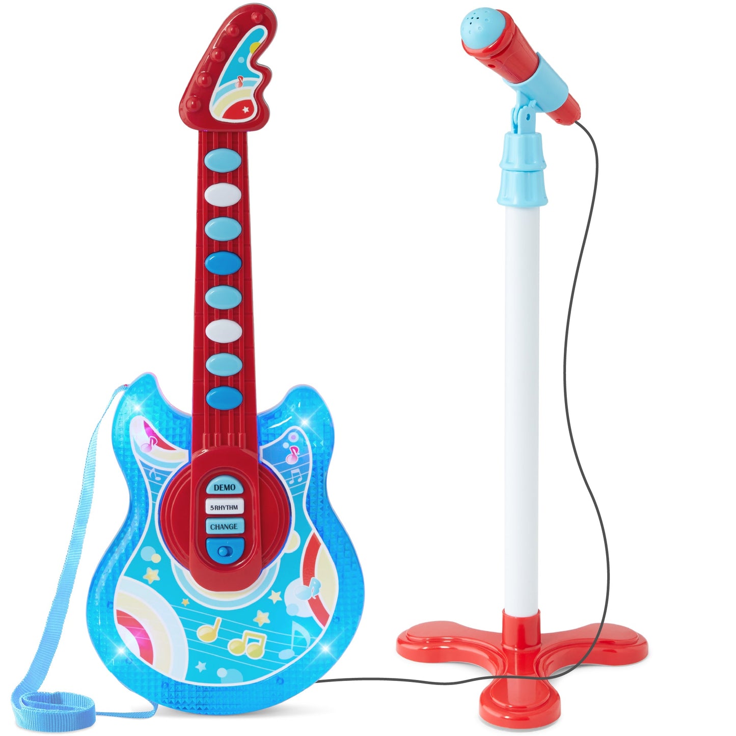 Kids Pretend Play Guitar Musical Instrument Toy w/ Microphone Stand - 19in