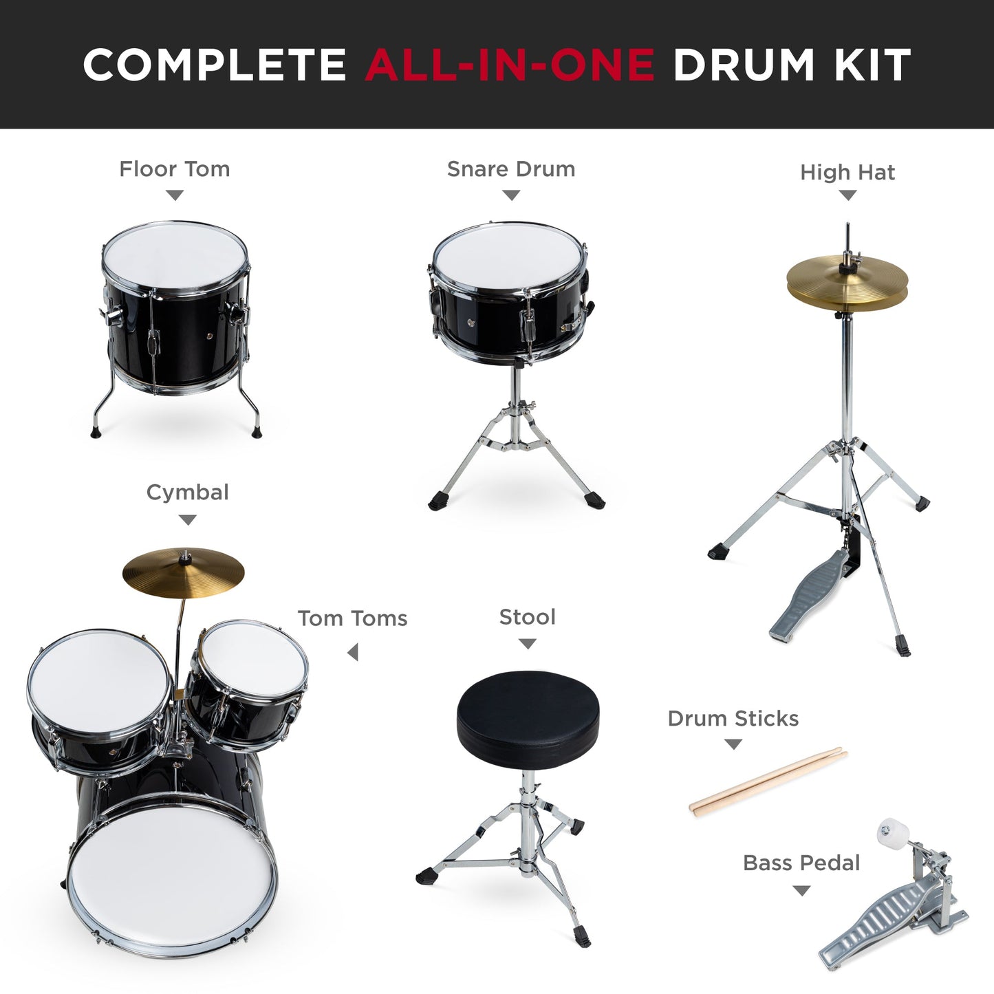 Kids Beginner All Wood Acoustic Drum Kit Starter Set w/ Stool Drumsticks