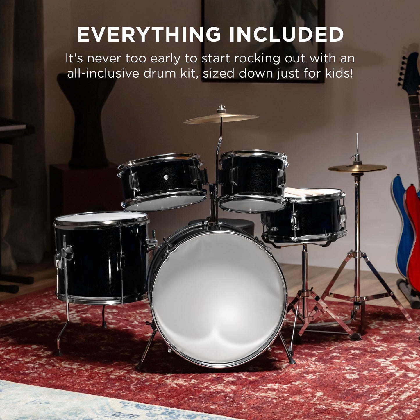 Kids Beginner All Wood Acoustic Drum Kit Starter Set w/ Stool Drumsticks