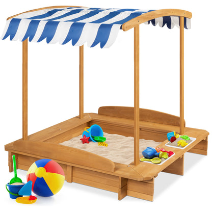 Kids Wooden Cabana Sandbox w/ Benches Canopy Shade Sand Cover 2 Buckets