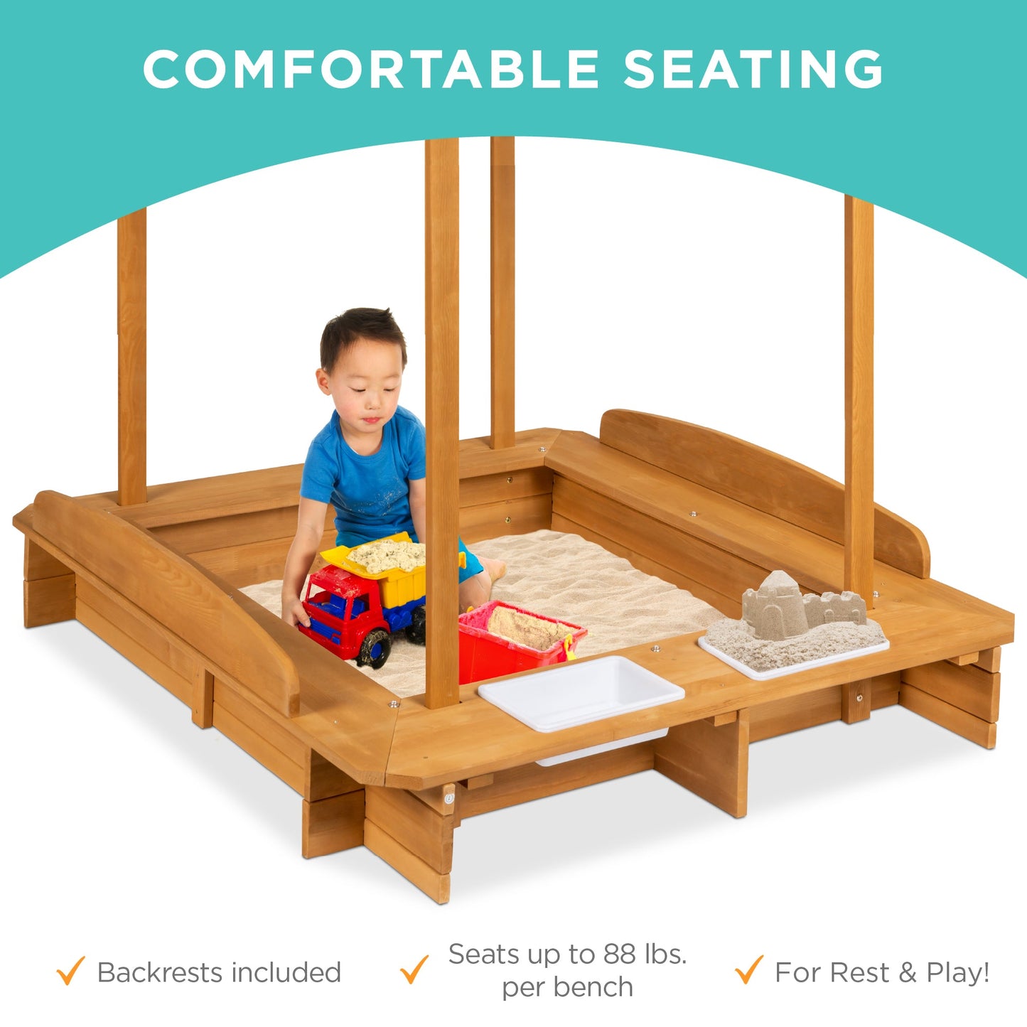 Kids Wooden Cabana Sandbox w/ Benches Canopy Shade Sand Cover 2 Buckets