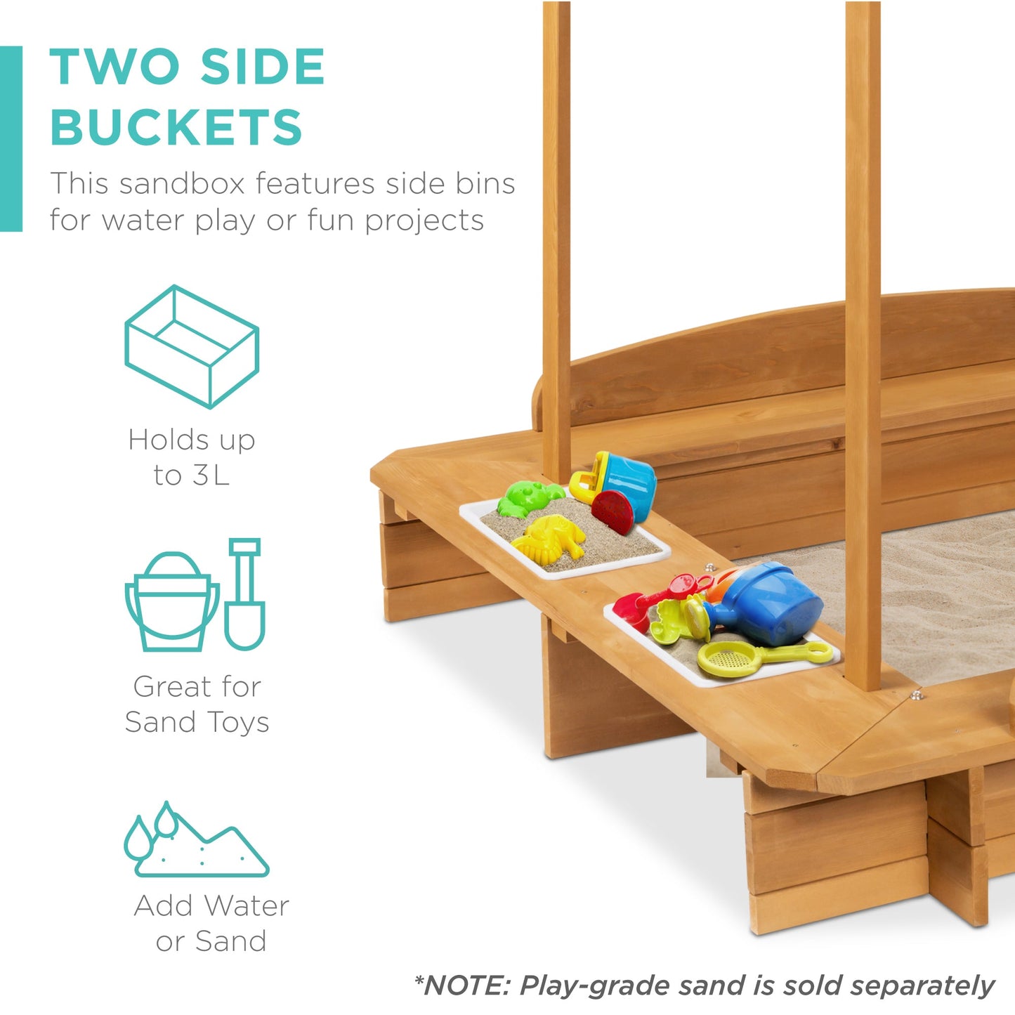 Kids Wooden Cabana Sandbox w/ Benches Canopy Shade Sand Cover 2 Buckets