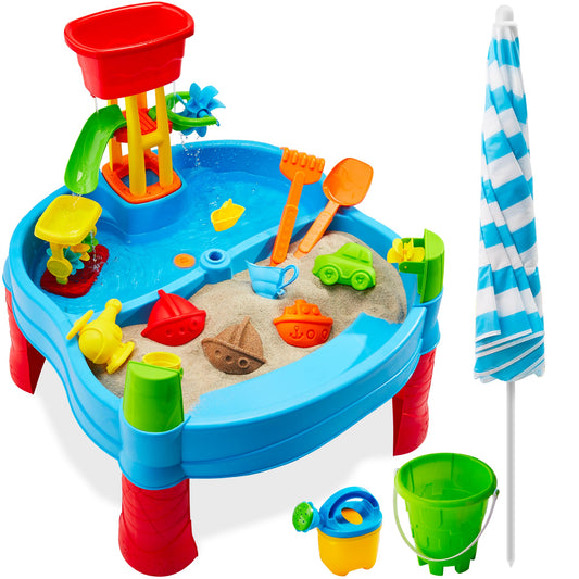 Kids Outdoor Sand & Water Table w/ 18 Accessories Adjustable Umbrella