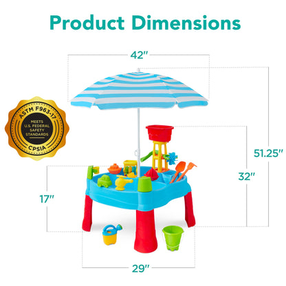 Kids Outdoor Sand & Water Table w/ 18 Accessories Adjustable Umbrella