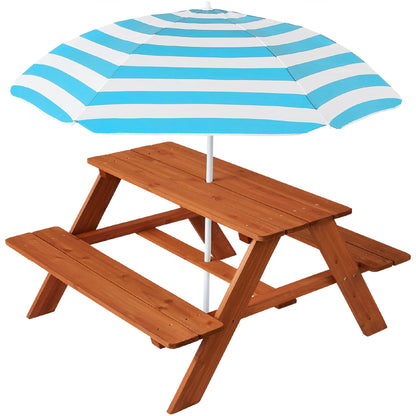 Kids Wooden Outdoor Picnic Table w/ Adjustable Umbrella Built-In Seats