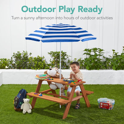 Kids Wooden Outdoor Picnic Table w/ Adjustable Umbrella Built-In Seats