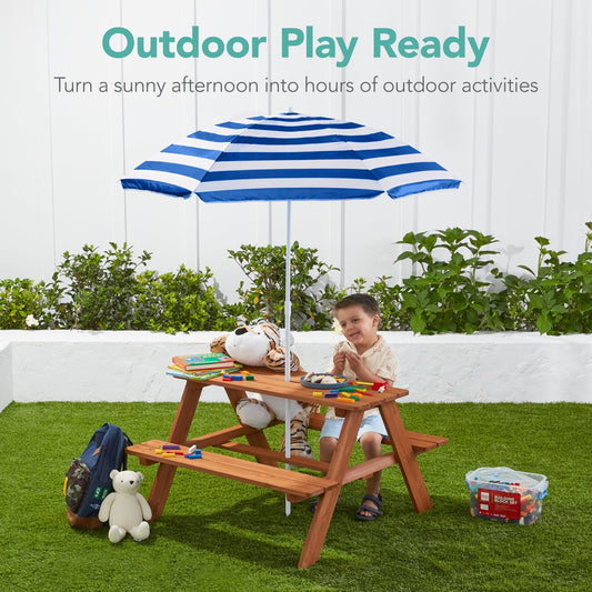 Kids Wooden Outdoor Picnic Table w/ Adjustable Umbrella Built-In Seats