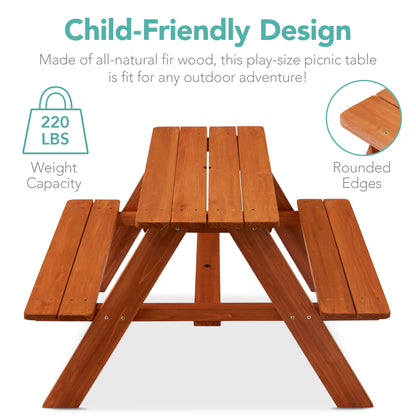 Kids Wooden Outdoor Picnic Table w/ Adjustable Umbrella Built-In Seats