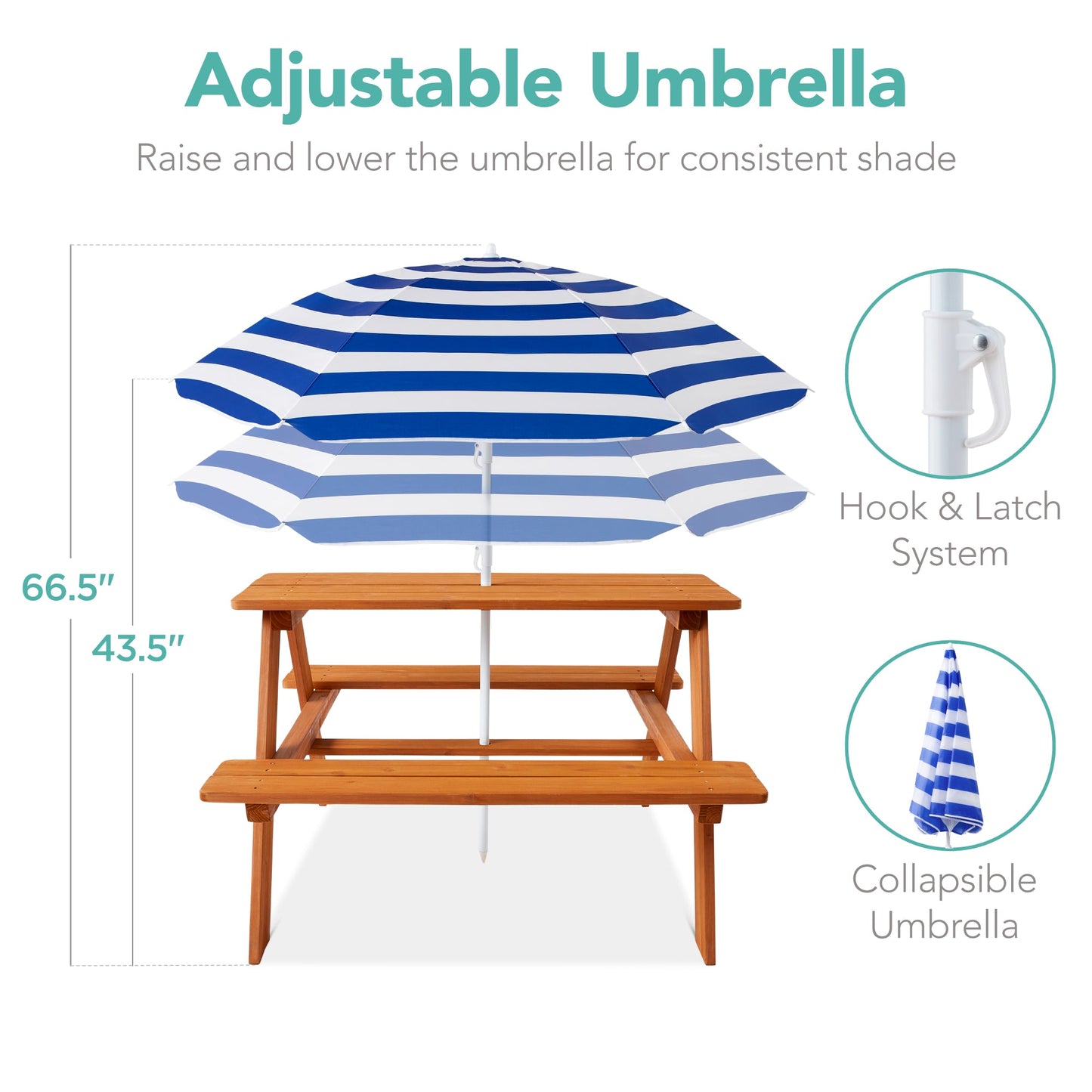 Kids Wooden Outdoor Picnic Table w/ Adjustable Umbrella Built-In Seats