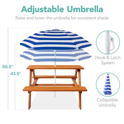 Kids Wooden Outdoor Picnic Table w/ Adjustable Umbrella Built-In Seats