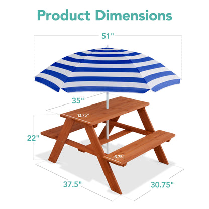 Kids Wooden Outdoor Picnic Table w/ Adjustable Umbrella Built-In Seats