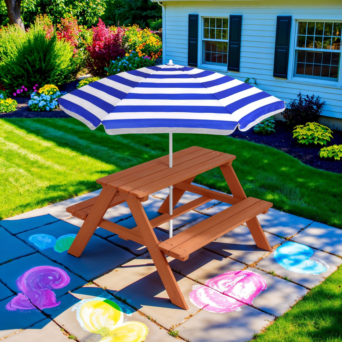Kids Wooden Outdoor Picnic Table w/ Adjustable Umbrella Built-In Seats