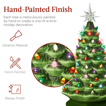 Large Pre-Lit Ceramic Christmas Tree Decoration w/ LED Light Timer - 18in