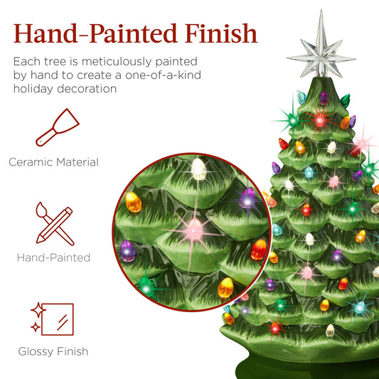 Large Pre-Lit Ceramic Christmas Tree Decoration w/ LED Light Timer - 18in