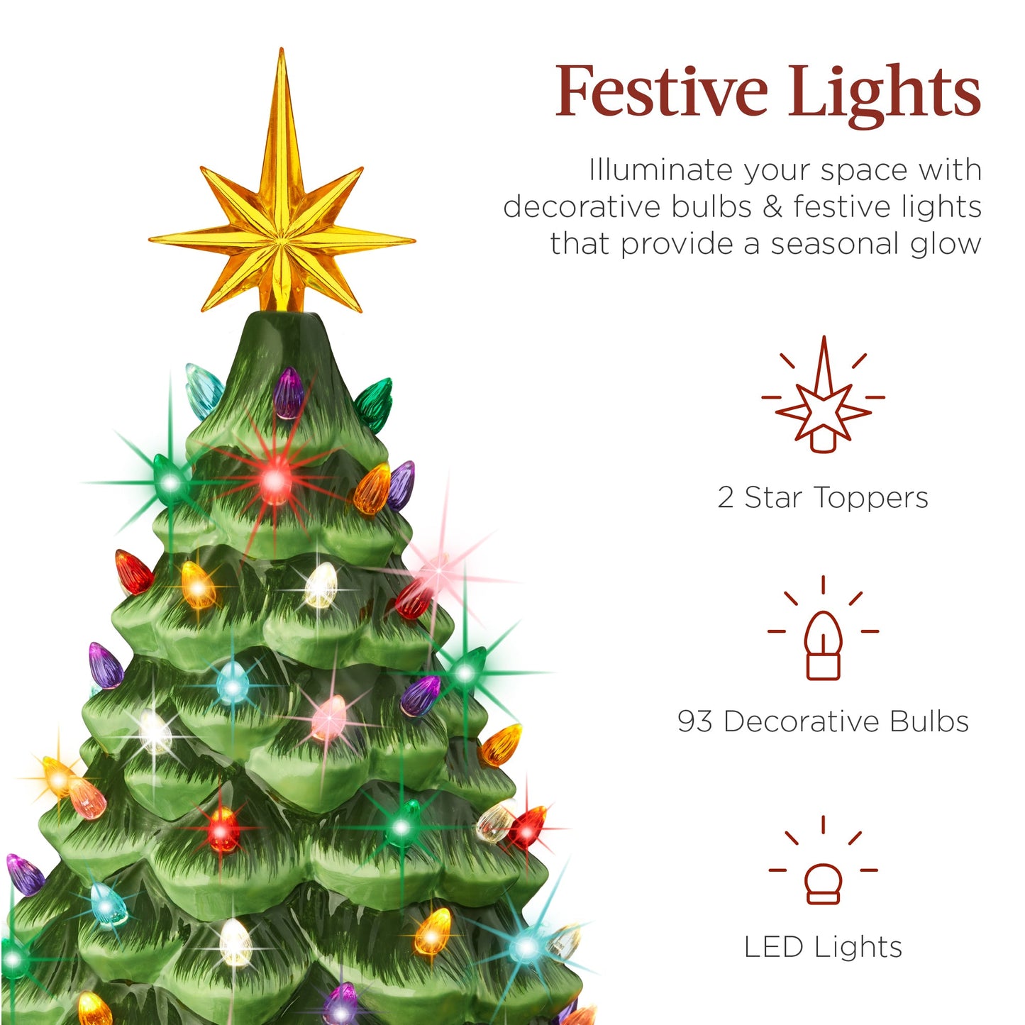 Large Pre-Lit Ceramic Christmas Tree Decoration w/ LED Light Timer - 18in