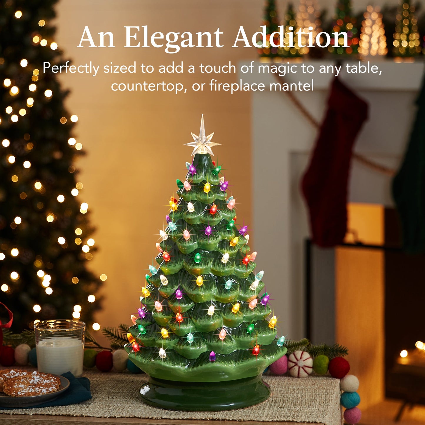Large Pre-Lit Ceramic Christmas Tree Decoration w/ LED Light Timer - 18in