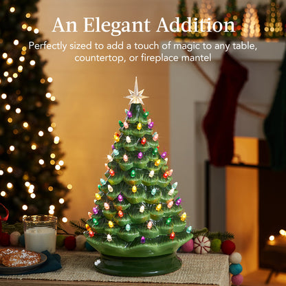 Large Pre-Lit Ceramic Christmas Tree Decoration w/ LED Light Timer - 18in