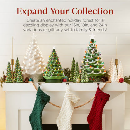 Large Pre-Lit Ceramic Christmas Tree Decoration w/ LED Light Timer - 18in
